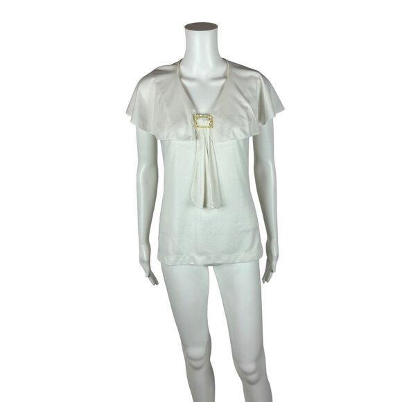 Vintage 70s Necktie Top Women's Small White Flutter Sleeves Capelet Buckle - Picture 11 of 11